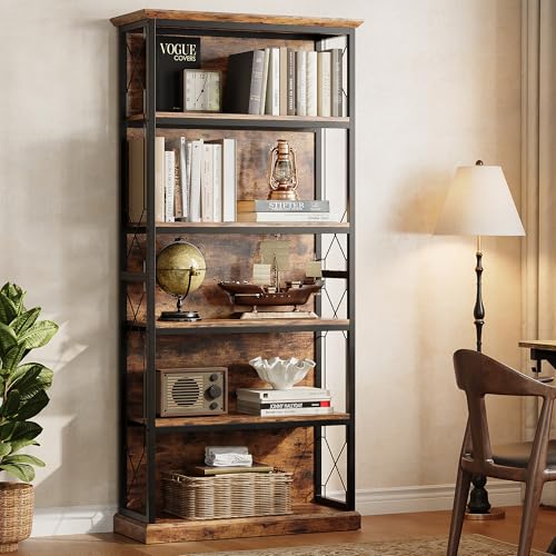 IRONCK 71 Inch Industrial Bookshelf, 5 Tier Tall Bookshelf and Bookcase to Display and Collect, Thicken Wood Rustic Book Shelf with Thicken Metal Frame for Living Room and Bedroom, Rustic Brown