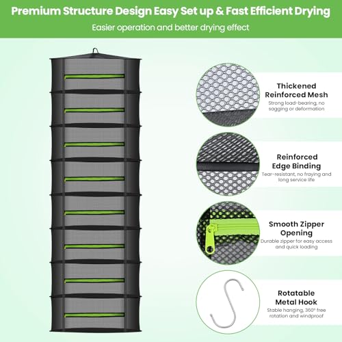MEKOLIFE 8-Layer Herb Drying Rack Hanging, Large Capacity Mesh Net | 23.62 Inch with Zipper, S-Hooks and Bonus Garden Pruning Shears, for Herbs, Flowers, Plants, Indoor and Outdoor Use - size: 8 Layers