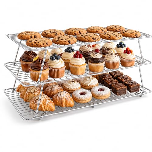 Cooling Rack 16"x10", 3-Tier Stackable & Collapsible Cooling Racks | Cooling Racks for Cooking and Baking, Roasting, Grilling, Oven & Dishwasher Safe (Silver, 3-Tier-SL) - color: Silver, size: 3-Tier-SL