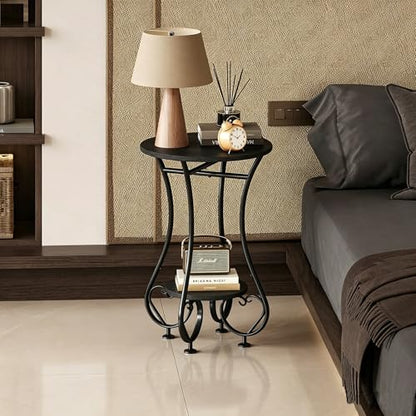 X-cosrack Small Round Side Table,Round End Table for Small Spaces - Black Metal Nightstand with Adjustable Feet,Couch Sofa Coffee Table,Retro Accent Table for Living Room Bedroom Balcony - color: Black Spliced Wood