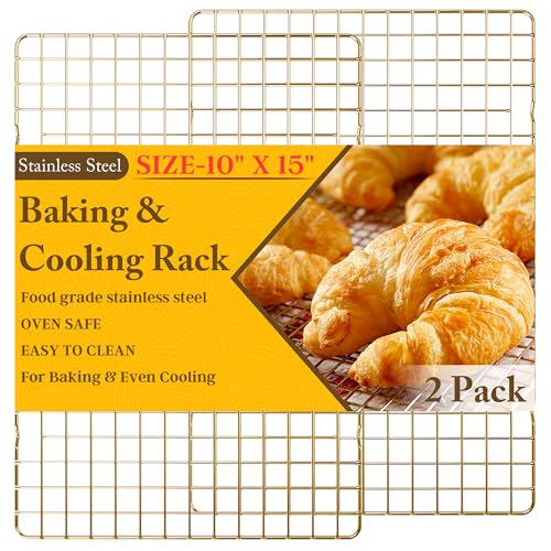 2-Pack Cooling Racks for Cooking and Baking - 10" x 15"Heavy Duty Stainless Steel Wire Rack for Baking, Grilling, Roasting - Oven & Dishwasher Safe - Fits Jelly Roll Sheet Pan（Gold） - color: Gold, size: 10‘’x15‘’-2PC