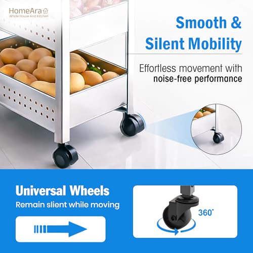 3-Tier Rolling Utility Cart with Wheel, Stainless Steel Storage Trolley Organizer for Kitchen, Bathroom, Portable Multi Purpose Storage Rack Shelf, Movable Laundry Organizer Cart (Silver) - size: 3 - Tier