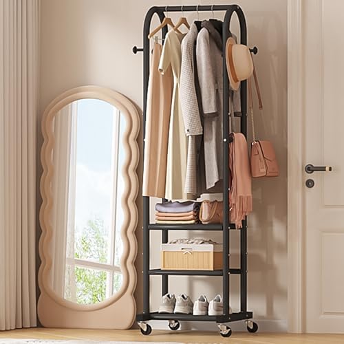 Dttwacoyh Clothing Rack with Wheels,Narrow Metal Garment Rack,Black | Easy to install, 71.8 Inches Display Rack with 4 Side Hooks & 3 Shelves,for Small Flats, Bedroom, Entryway,Black Clothes Rack - color: Black