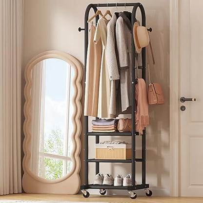 Dttwacoyh Clothing Rack with Wheels,Narrow Metal Garment Rack,Black | Easy to install, 71.8 Inches Display Rack with 4 Side Hooks & 3 Shelves,for Small Flats, Bedroom, Entryway,Black Clothes Rack - color: Black