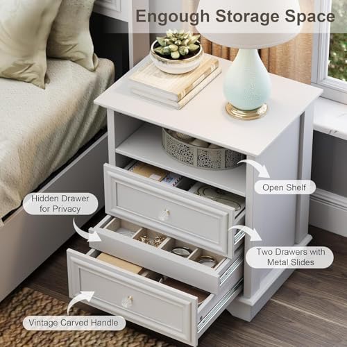 Brafab Bedside Table Set of 2 with Hidden Drawer, 25" Tall | White Night Stands with 2 Drawers and Open Shelf, Classic Wood Night Stands with Secret Storage for Bedroom, Guest Room - color: White