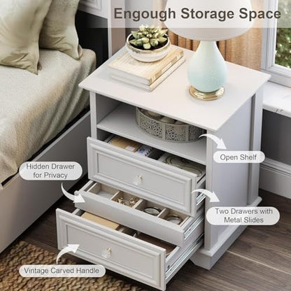 Brafab Bedside Table Set of 2 with Hidden Drawer, 25" Tall | White Night Stands with 2 Drawers and Open Shelf, Classic Wood Night Stands with Secret Storage for Bedroom, Guest Room - color: White