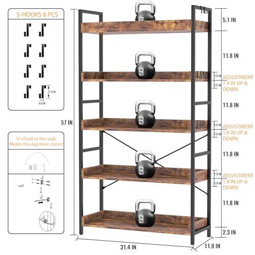 HCHQHS 5 Tier Bookshelf, Adjustable Industrial Bookcase, Vertical Tall Book Shelf, Wood and Black Metal Open Bookshelves for Home Office, Living Room, Bedroom - color: Rustic Brown, size: 5-Tier (31.5"W x 57"H)
