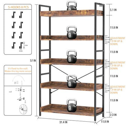 HCHQHS 5 Tier Bookshelf, Adjustable Industrial Bookcase, Vertical Tall Book Shelf, Wood and Black Metal Open Bookshelves for Home Office, Living Room, Bedroom - color: Rustic Brown, size: 5-Tier (31.5"W x 57"H)