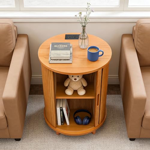 DHH Round End Table with Storage & Charging Station, Fluted Accent Side Table with Sliding Door & Adjustable Shelf, Mid-Century Nightstand for Small Spaces, Living Room, Bedroom (1, Yellow Walnut) - color: Yellow Walnut