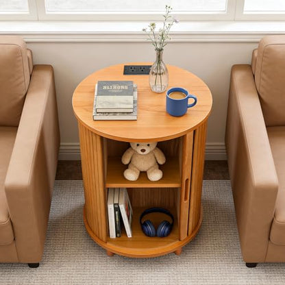 DHH Round End Table with Storage & Charging Station, Fluted Accent Side Table with Sliding Door & Adjustable Shelf, Mid-Century Nightstand for Small Spaces, Living Room, Bedroom (1, Yellow Walnut) - color: Yellow Walnut
