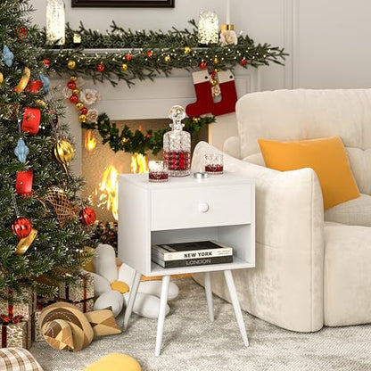 VECELO Nightstands Set of 2, Mid Century Modern End Bedside Table, Night Stand with Storage Drawer and 2 Tiers Open Shelf for Small Place, Bedroom, Living Room, Easy Assembly, Pure White - color: Pure White