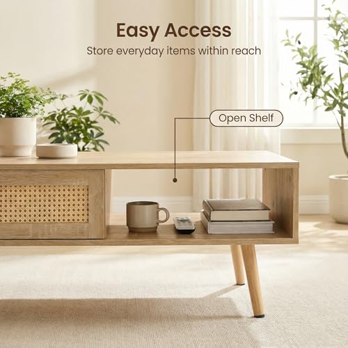 Meihua Rattan Coffee Table with Sliding Door Storage, Mid Century Modern Center Table with Open Shelf and Hidden Compartment, Natural Wood Coffee Table with Solid Wood Legs for Living Room, Apartment - color: Natural