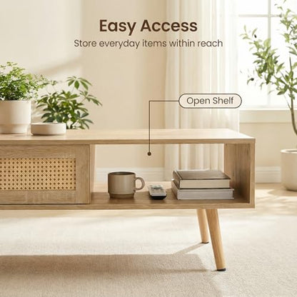 Meihua Rattan Coffee Table with Sliding Door Storage, Mid Century Modern Center Table with Open Shelf and Hidden Compartment, Natural Wood Coffee Table with Solid Wood Legs for Living Room, Apartment - color: Natural