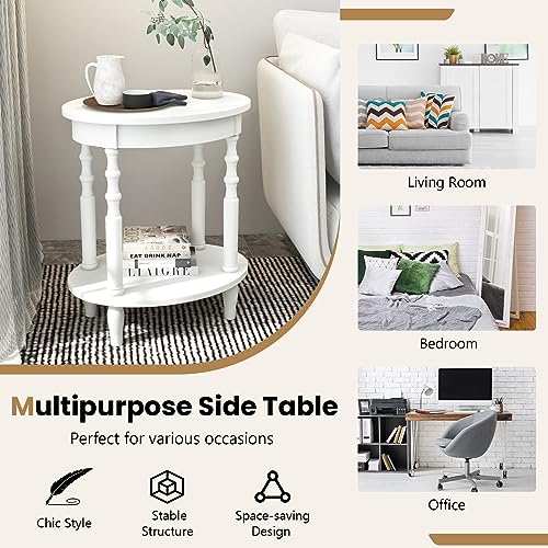 GOFLAME 2-Tier Oval End Table Set of 2, Sofa Side Table with Storage Shelf, Solid Wood Legs, Modern Accent Table, Compact Nightstand for Living Room, Bedroom, Small Space, White - color: White