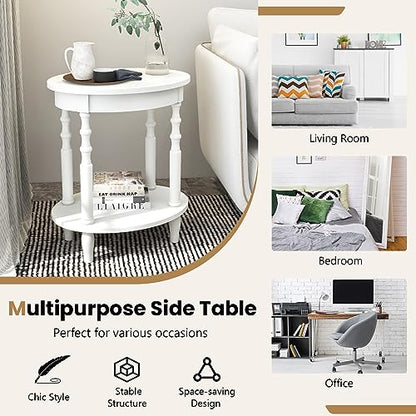 GOFLAME 2-Tier Oval End Table Set of 2, Sofa Side Table with Storage Shelf, Solid Wood Legs, Modern Accent Table, Compact Nightstand for Living Room, Bedroom, Small Space, White - color: White