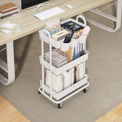 3-Tier Utility Cart with Wheels, Rolling Cart with 3 Hanging Baskets, Storage Shelves, Multi-Functional Organizer Cart for Bathroom, Office, Kitchen, White - size: With hanging baskets