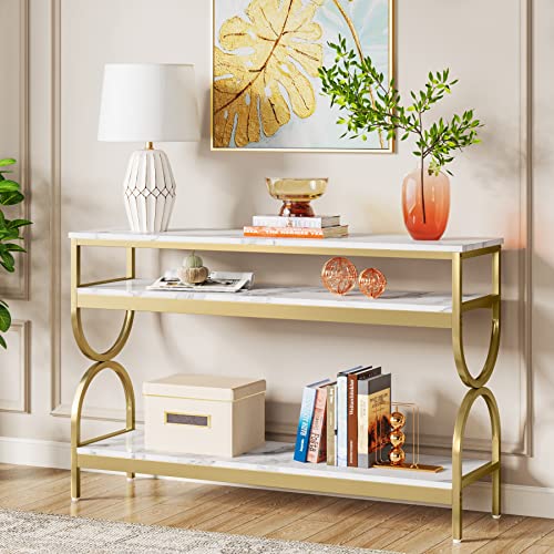 Tribesigns 3-Tier Console Table, 55 inch Sofa Table with Open Storage Shelves, Narrow Long Hallway/Entryway Table with Faux Marble Top for Home Living Room Entryway, White & Gold