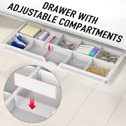 SHW 46-Inch Home Office Computer Desk w/Side Shelf & Drawer, White | w/ Reversible Adjustable Shelf | Drawer with adjustable compartments - color: White