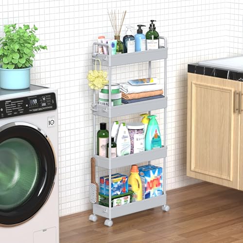 SOLEJAZZ Slim Rolling Storage Cart Skinny Bathroom Organizer, 4 Tier, Gray | Thin utility cart with wheels for bathroom, laundry room, bedside, kitchen, dorm, office, next to fridge, small narrow places - color: Grey, size: 4-Tier, 4.76"D