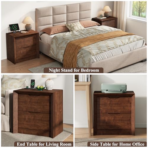 YANSNWO Walnut Nightstand Set of 2 with Charging Station, 23.6" Modern Bedside Table with Thickened Frame & Unique Panel, Mid Century Wood End Table for Bedroom, Living Room - color: Walnut, size: 15.6"D x 23.6"W x 23.6"H (2 Drawers/2 Piece)