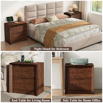 YANSNWO Walnut Nightstand Set of 2 with Charging Station, 23.6" Modern Bedside Table with Thickened Frame & Unique Panel, Mid Century Wood End Table for Bedroom, Living Room - color: Walnut, size: 15.6"D x 23.6"W x 23.6"H (2 Drawers/2 Piece)