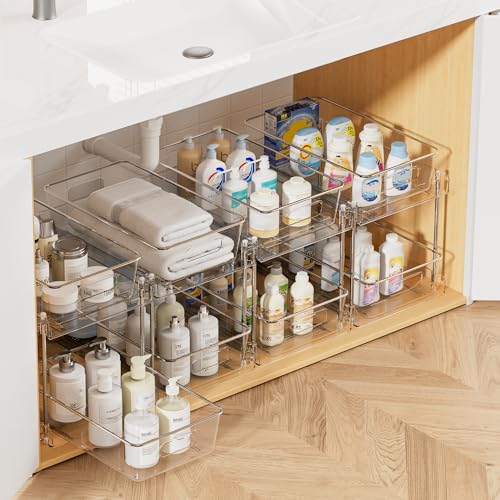 Vtopmart 4 Pack Bathroom Under Sink Organizers Organizer, 2 Tier Clear Pull-Out Organization (S-Standard) - color: Transparent, size: S-Standard (4 Pack)