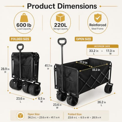 Wagons Carts Foldable Heavy Duty, 600 lb Tank Wheel Wagon with Brakes | Tank wheel utility wagon for groceries, beach, camping, garden and moving; 220L storage, all-terrain wheels and dual brakes - color: Light Black