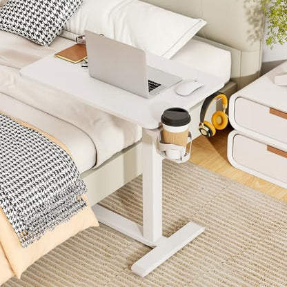 Tangkula Mobile Standing Desk, Pneumatic Height Adjustable Rolling Desk with Cup Holder & Headphone Hook, Overbed Table with Hidden Wheels, Laptop Computer Cart for Couch, Home, Office (White) - color: White