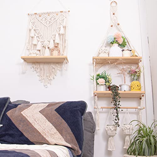 TENEWEE Boho Macrame Wall Hanging Shelf with Hooks for Bedroom | Handmade Woven, Space Saving For Rental Apartments, Easy Hanging, Plant & Book Display, Bedroom, Kitchen, Bathroom, Dorm - size: 2tier shelves