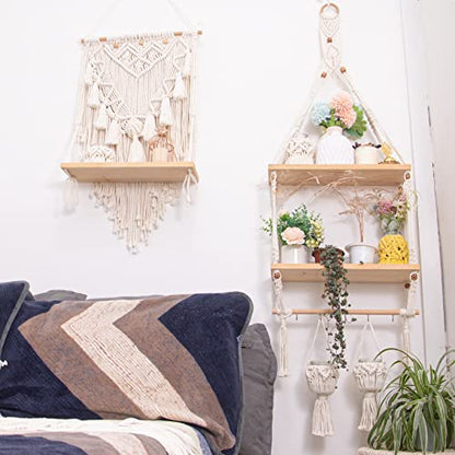 TENEWEE Boho Macrame Wall Hanging Shelf with Hooks for Bedroom | Handmade Woven, Space Saving For Rental Apartments, Easy Hanging, Plant & Book Display, Bedroom, Kitchen, Bathroom, Dorm - size: 2tier shelves