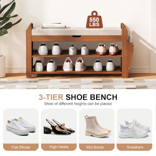PETKABOO 31.5" Shoe Bench with Coat Rack Hidden Drawer and Side Holder, 2 Tier Entryway Bench with Storage 39.4 in, Bamboo Shoe Rack with Cushion for Entryway Hallway Living Room Bedroom - size: 31.5 in with Hook