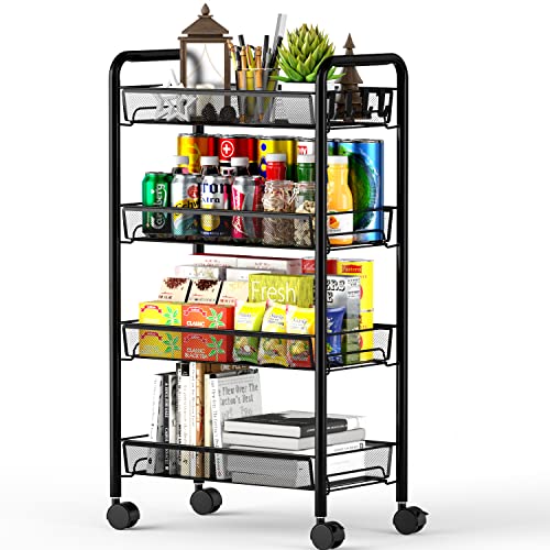 4-Tier Mesh Rolling Cart - 35 Bls/Tier Full Metal Cart with Wheel & 4 Hooks | Space-Saving 140bls Capacity Storage Organizer Crafts Utility Cart for Kitchen Pantry Office Bathroom Laundry Nursery, Black - color: Black, size: 4 tier