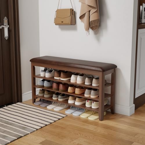 AQIMUELE Shoe Bench with Leather Cushion, 3 Tiers Shoe Storage Bench Height Adjustable, Walnut Wood Entryway Bench for Hallway, Mudroom - color: Walnut, size: 39.4"