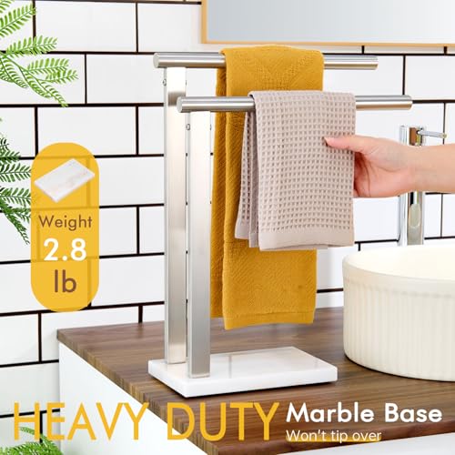 KOKOSIRI Hand Towel Holders Standing Towel Bars 2-Tier with Marble Base for Bathroom Vanity Countertop, Brushed Stainless Steel 15.7'' Height THS0007-BR - color: Brushed Nickel, size: 2-Bar