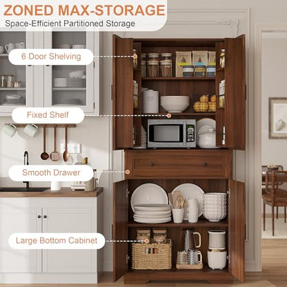 Garvee 71" Kitchen Pantry Cabinet, Barn Door Freestanding Cupboard with Drawer, Sliding Storage Rack, and 6 Hanging Shelves for Kitchen, Dining Room, Living Room Bedroom - color: Walnut