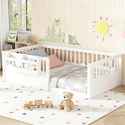 Bellemave Twin Size Kids Floor Bed with Heightened Fence and Bookshelf, Wooden Twin Montessori Bed Frame for Girls Boys, White - color: White Shelf, size: Twin