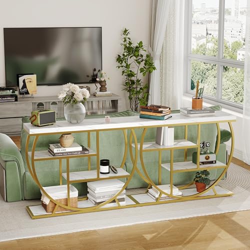 Garvee Entryway Table with Storage, Industrial 4-Tier Narrow Console Table Behind Couch with Half-Circle Base & Storage Shelves for Living Room, Hallway, Foyer - color: Gold & White