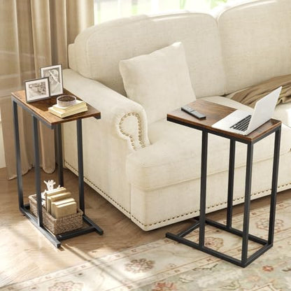 Giantex C Shaped End Table Set of 2, Small Side Tables for Sofa, Couch Table That Slide Under with Metal Frame, Industrial TV Tray Table for Small Spaces, C Table for Living Room Bedroom, Rustic Brown - color: Rustic Brown
