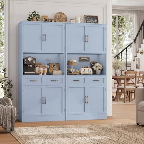 HOSTACK 71" Tall Kitchen Pantry Storage Cabinet, Modern Kitchen Hutch Bar Cabinet with Microwave Stand, Wood Buffet Sideboard with Hutch, Cupboard with Drawers, Shelves for Dining Room, Light Blue - color: Light Blue + Bronze Handles