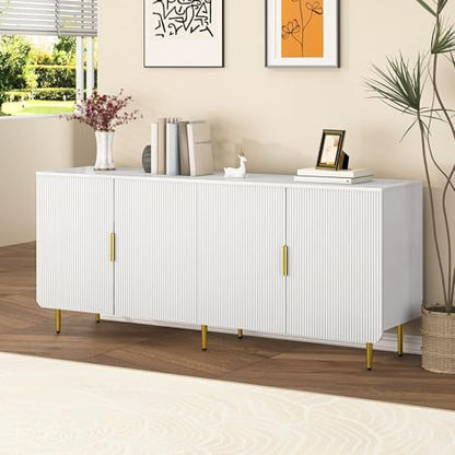 65" Fluted Sideboard Buffet Cabinet with Storage, Console Cabinet with 4 Doors & Adjustable Shelves, Modern Buffet Table for Kitchen Dining Living Room Hallway‌ Entryway, White - color: White