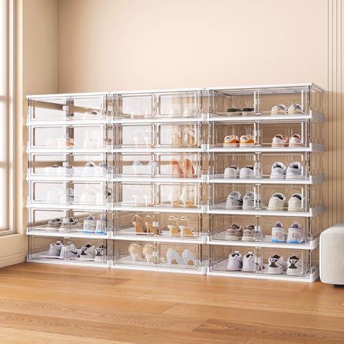 Thicken & Sturdy Clear Shoe Storage Organizer with Magnetic Door,Stackable Plastic Shoe Box，for Closet, Shoe Storage Box Containers,Easy Assembly，Set of 3