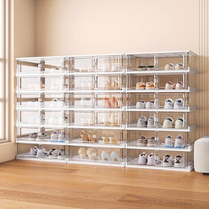 Thicken & Sturdy Clear Shoe Storage Organizer with Magnetic Door,Stackable Plastic Shoe Box，for Closet, Shoe Storage Box Containers,Easy Assembly，Set of 3