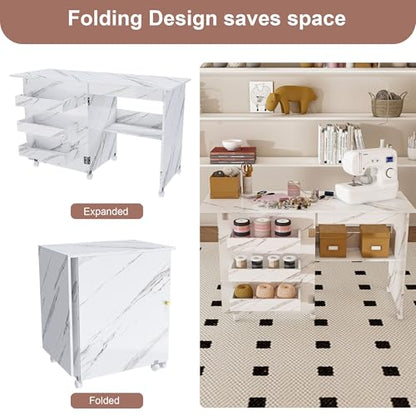 4-in-1 Folding Sewing Table with Storage (45 Inch) | Sewing Desk Foldable with Lockable Wheels & Power Socket, Sewings Machine Cabinet & Craft Desk with Shelves, Compact Design - color: White, size: 45 Inch
