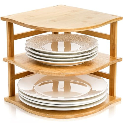 Goaste 3-Tier Bamboo Corner Shelf, Kitchen Countertop Storage Organizer, Cabinet Plate Rack for Pantry Organization, Bathroom, Desktop, 9.5 x 9.5 x 9.5 Inch