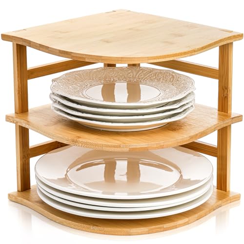 Goaste 3-Tier Bamboo Corner Shelf, Kitchen Countertop Storage Organizer, Cabinet Plate Rack for Pantry Organization, Bathroom, Desktop, 9.5 x 9.5 x 9.5 Inch