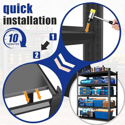 45" W Shelves for Garage Storage, 16" D Metal Garage Shelving Heavy Duty, 5 Shelf Adjustable Steel Standing Shelf Units for Basement, Industrial, Shop, Pantry, Warehouse, Kitchen, Black - size: 5 Tier 45.3" W x 15.8" D x 63" H