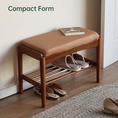 Solid Wood Shoe Bench, 24 Inch Entryway Bench with Brown Leather Cushion | Premium brown leather cushion paired with walnut wood finish adds refined texture and mid century style. - color: Walnut + Brown Leather Cushion, size: 23.62"