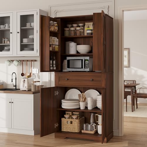 Garvee 71" Kitchen Pantry Cabinet, Barn Door Freestanding Cupboard with Drawer, Sliding Storage Rack, and 6 Hanging Shelves for Kitchen, Dining Room, Living Room Bedroom - color: Walnut