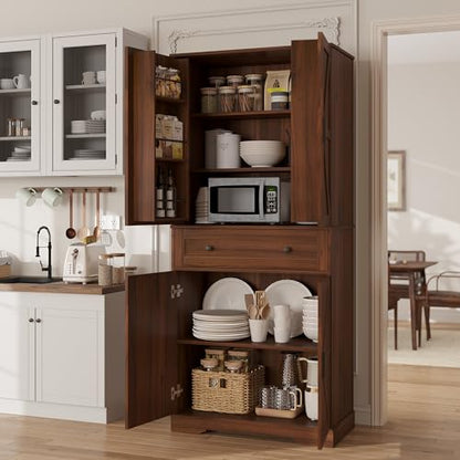 Garvee 71" Kitchen Pantry Cabinet, Barn Door Freestanding Cupboard with Drawer, Sliding Storage Rack, and 6 Hanging Shelves for Kitchen, Dining Room, Living Room Bedroom - color: Walnut