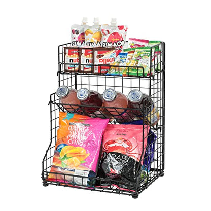 X-cosrack 3-Tier Snack Organizer Rack Bins with Adjustable Tilting Design for Pantry Storage,Metal Wire Snack Holder for Kitchen Bathroom Cabinets Countertops